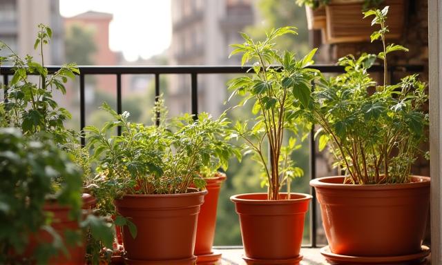 Ein gemütlicher Balkon mit Kräutertöpfen und kleinen Tomatenpflanzen