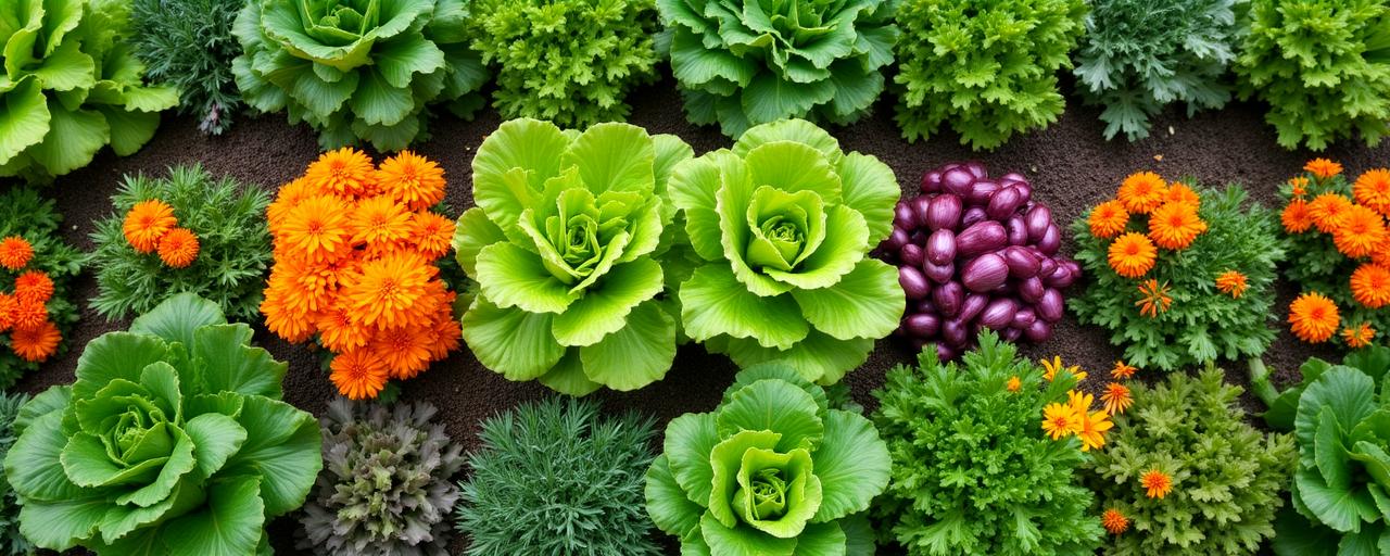 Ein bunt bepflanztes Gartenbeet mit Salat, Zwiebeln und Ringelblumen