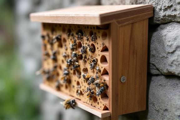 Ein modernes Insektenhotel integriert in eine Gartenmauer